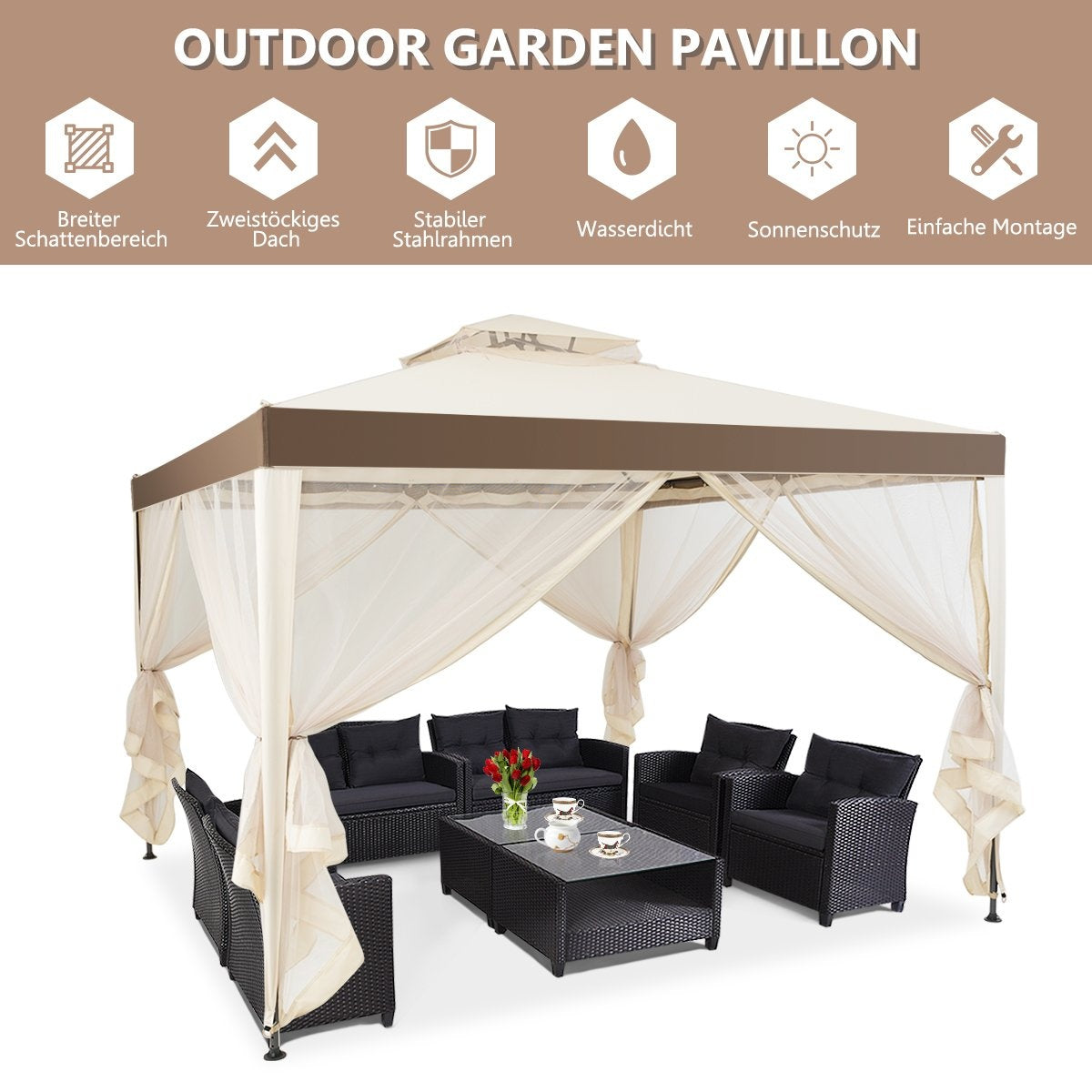 Garden pavilion garden tent camping party tent with 4 side walls 300 x 300 x 265 cm beige