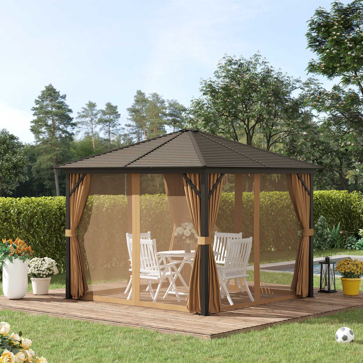 Garden pavilion party tent 4 x double side walls lantern hooks aluminum + polyester bronze + light brown approx. 3 x 3 x 2.5 m |
