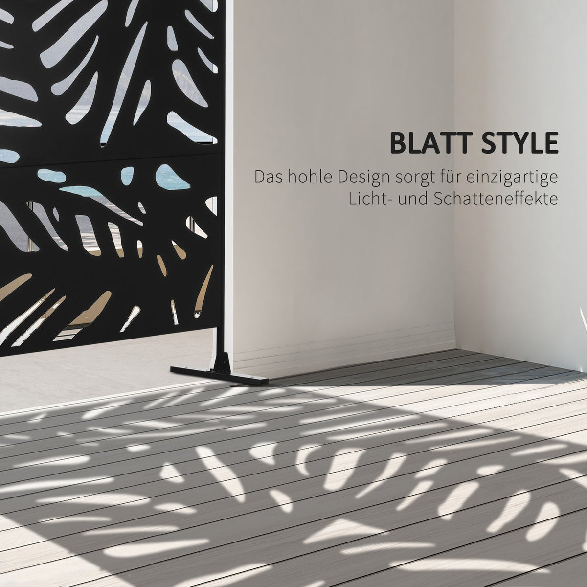 Garden privacy screen 122x198cm balcony privacy screen with stand, leaf pattern made of steel black for more privacy