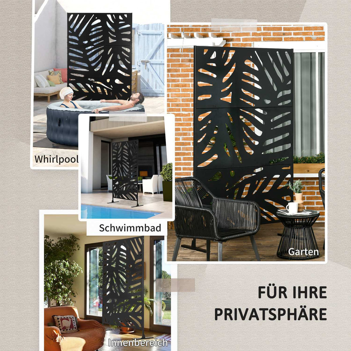 Garden privacy screen 122x198cm balcony privacy screen with stand, leaf pattern made of steel black for more privacy