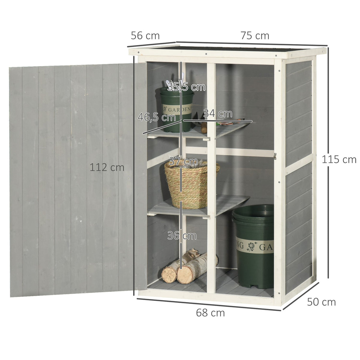 Garden shed tool shed shelves fir black + gray + white 75x56x115cm