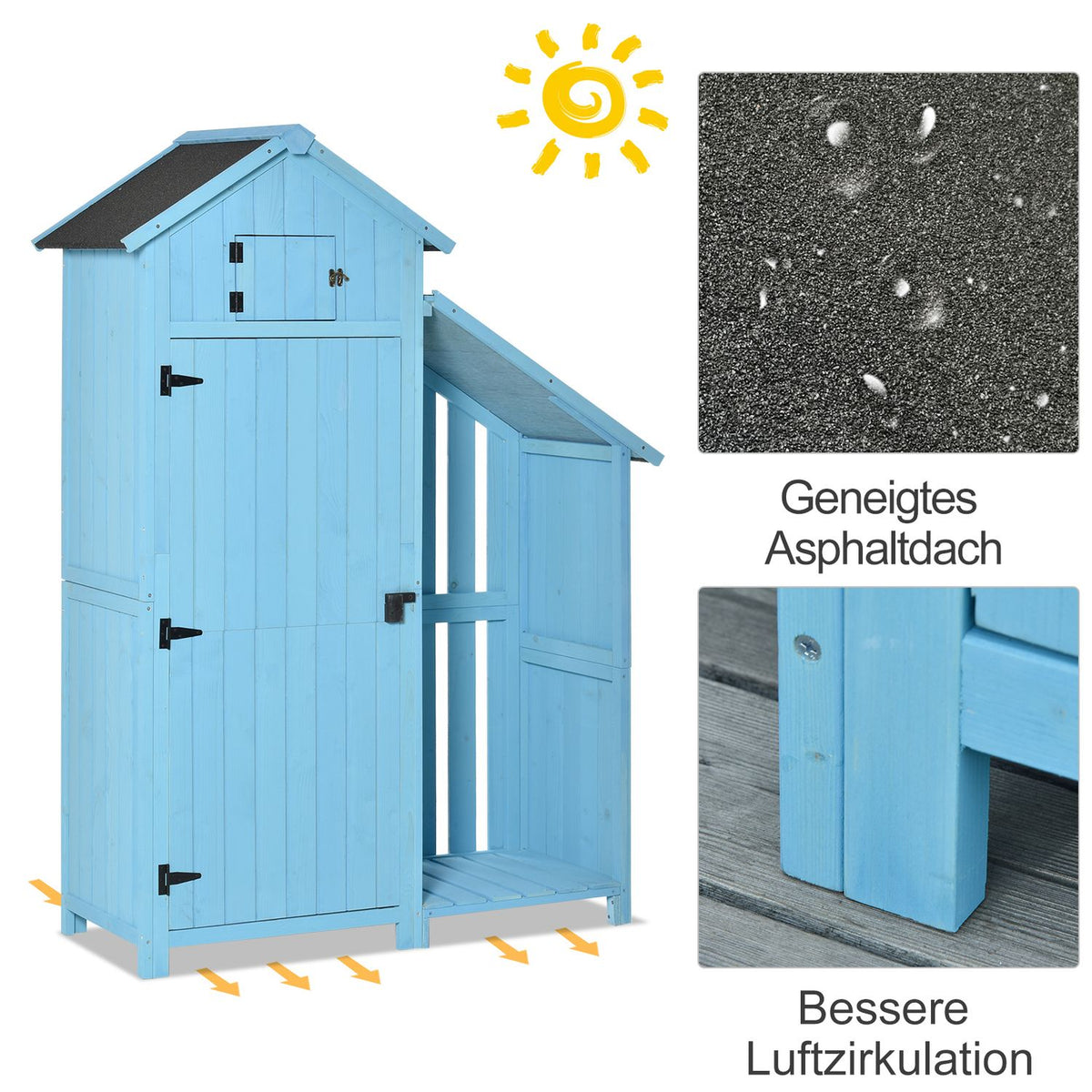 Garden shed tool shed with firewood storage room 3 shelves asphalt roof fir wood sky blue 130x54.5x180cm for garden & terrace