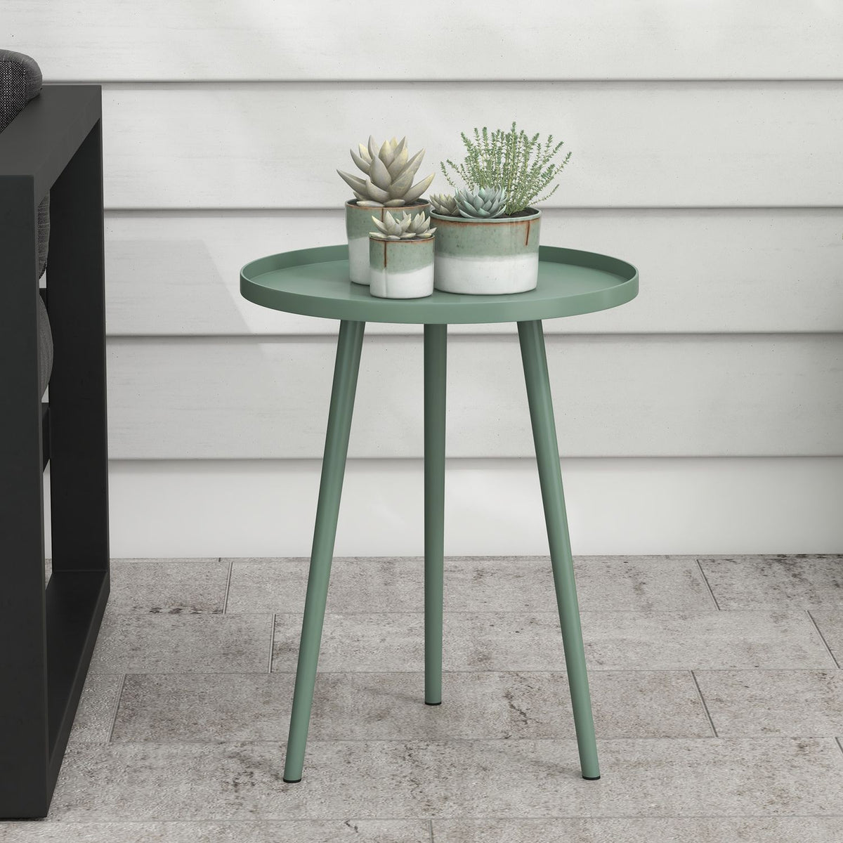 Garden side table, weatherproof garden table with raised edge, balcony table made of steel, round coffee table 20kg load capacity, Ø40x50H cm, sofa table for outdoor indoor balcony terrace green