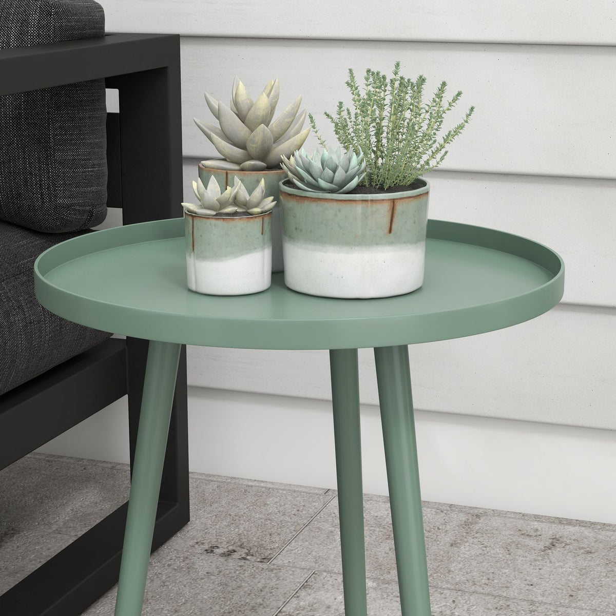 Garden side table, weatherproof garden table with raised edge, balcony table made of steel, round coffee table 20kg load capacity, Ø40x50H cm, sofa table for outdoor indoor balcony terrace green