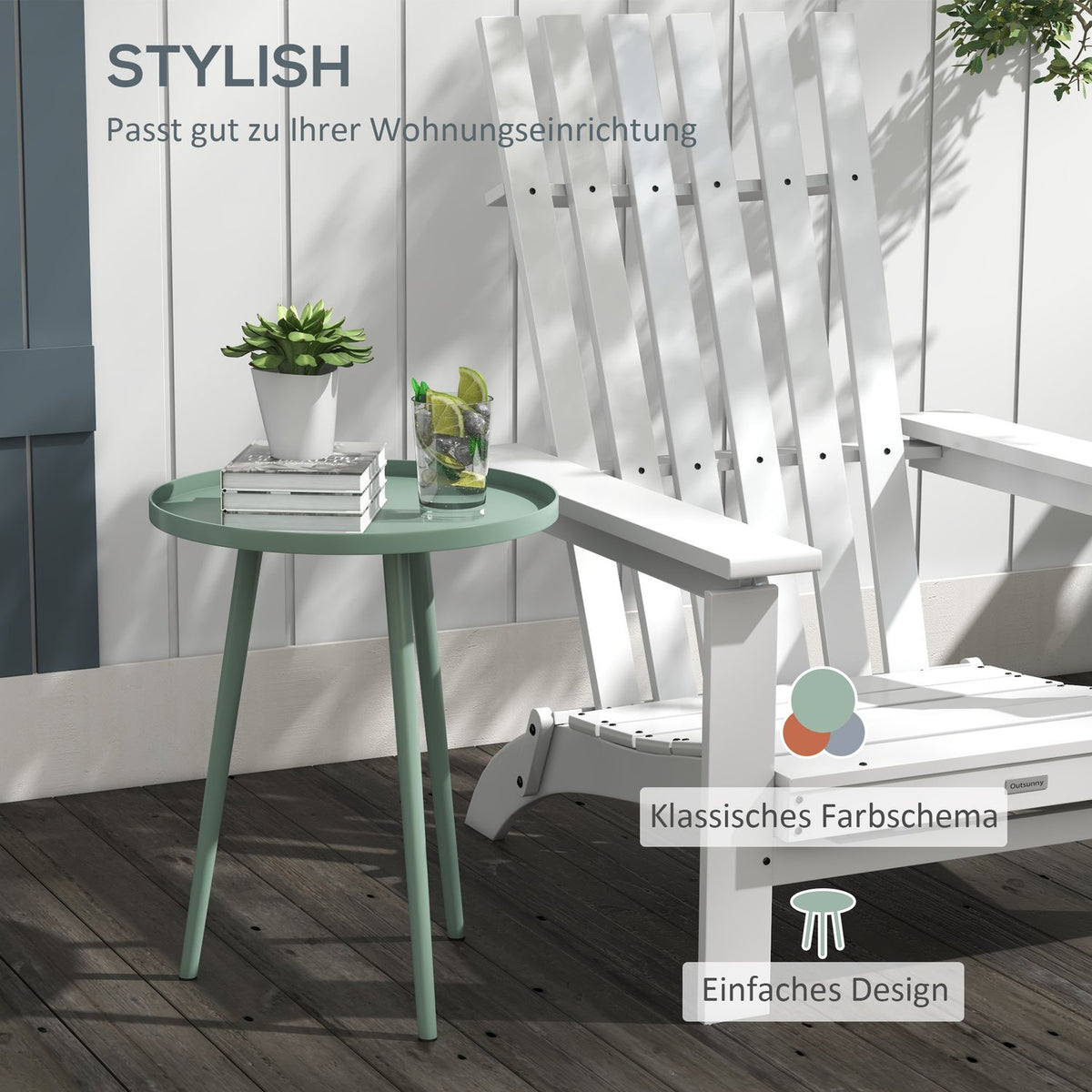 Garden side table, weatherproof garden table with raised edge, balcony table made of steel, round coffee table 20kg load capacity, Ø40x50H cm, sofa table for outdoor indoor balcony terrace green