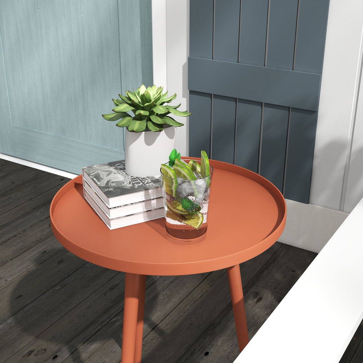 Garden side table, weatherproof garden table with raised edge, balcony table made of steel, round coffee table 20kg load capacity, Ø40x50H cm, sofa table for outdoor indoor balcony terrace red