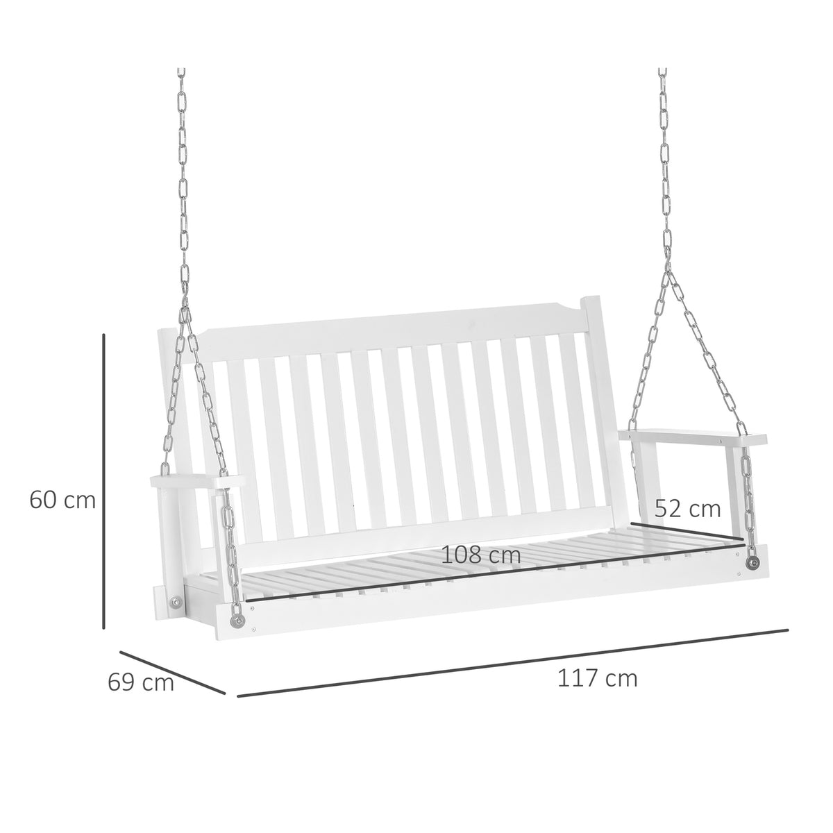 Garden swing swing bench hanging bench for 2, solid wood, ideal for patio & terrace, white, 117x69x60cm