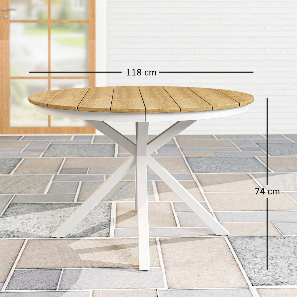 Garden table Ø118cm, weatherproof balcony table made of aluminum, side table with cross legs slatted design outdoor dining table, camping table, round patio table for garden balcony teak |