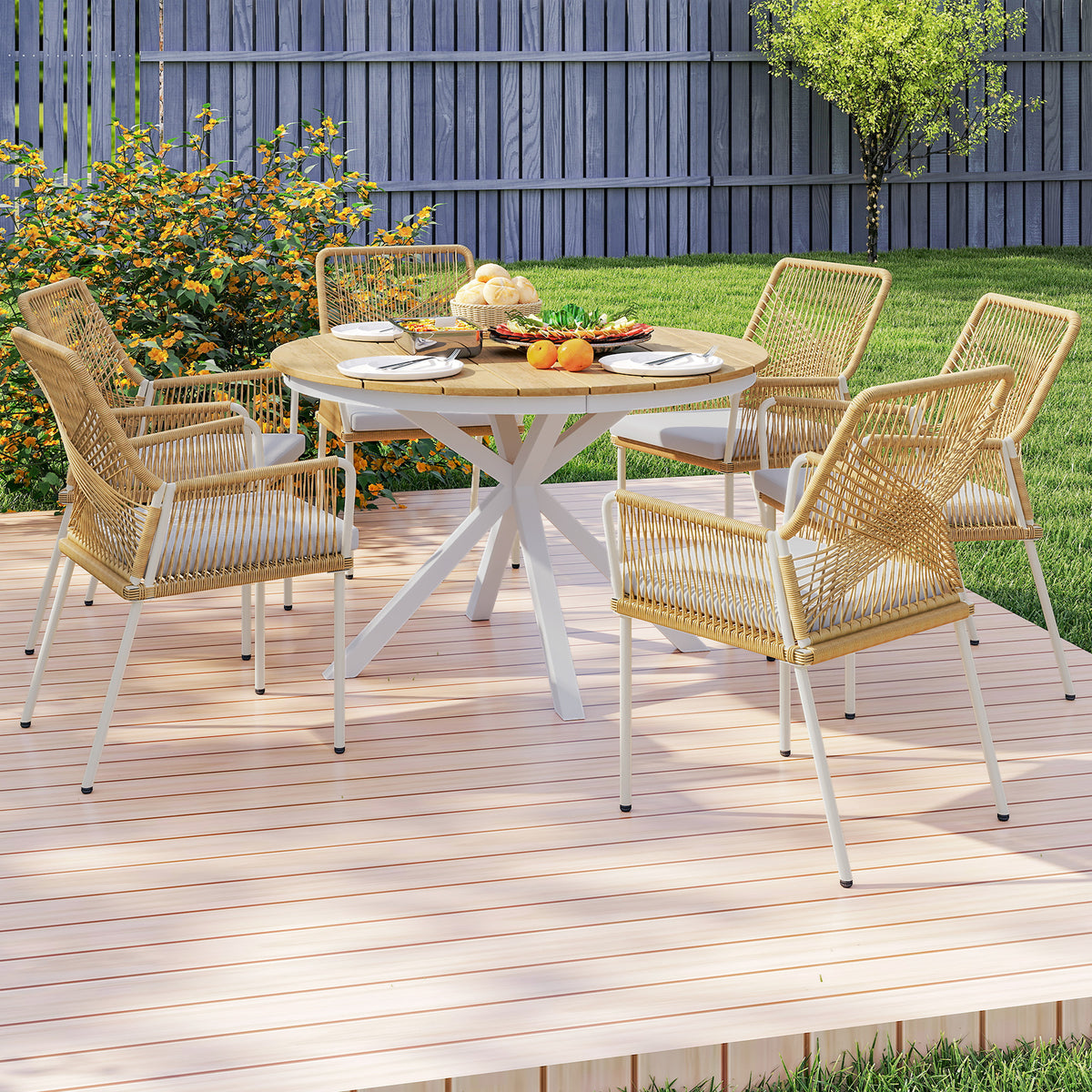 Garden table Ø118cm, weatherproof balcony table made of aluminum, side table with cross legs slatted design outdoor dining table, camping table, round patio table for garden balcony teak |