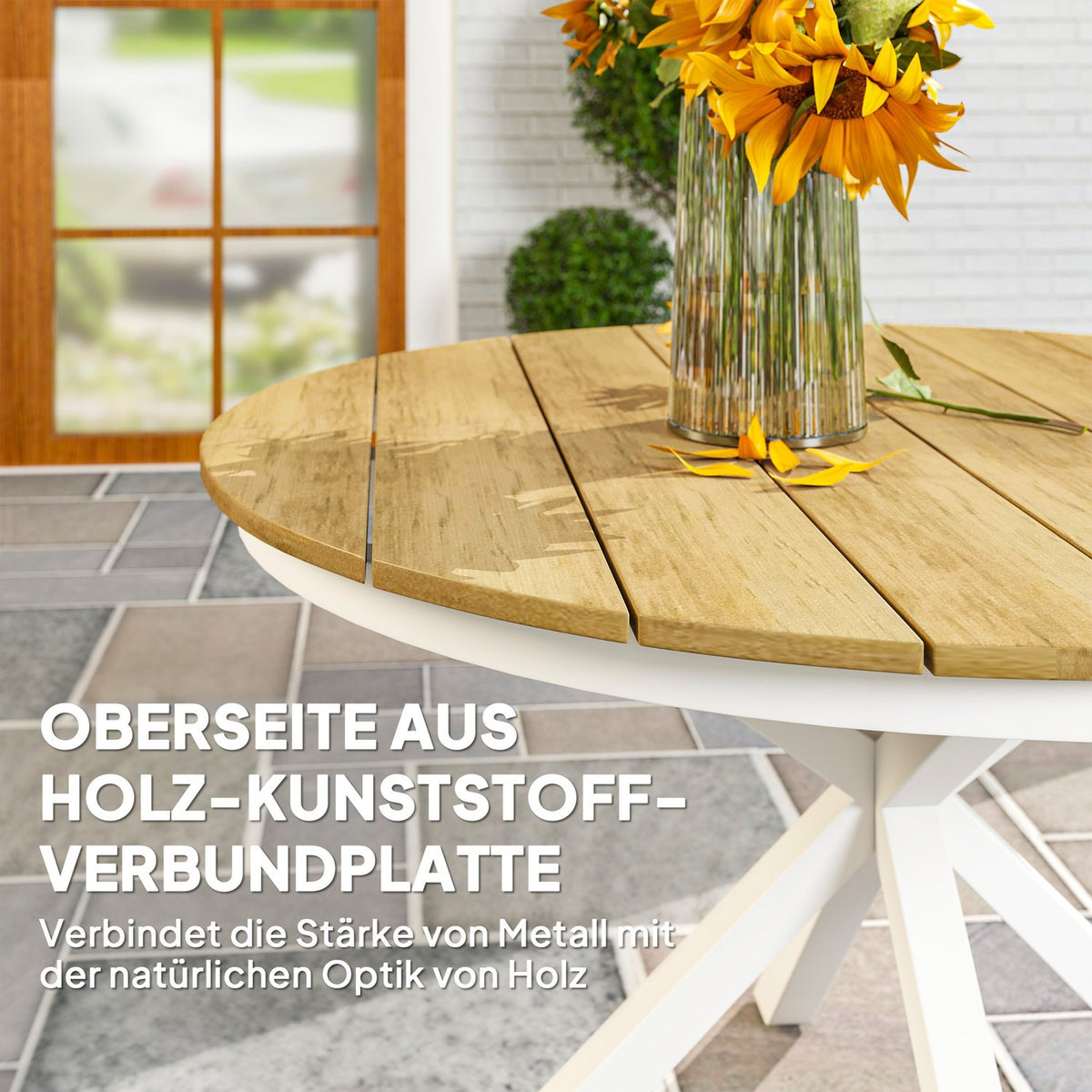 Garden table Ø118cm, weatherproof balcony table made of aluminum, side table with cross legs slatted design outdoor dining table, camping table, round patio table for garden balcony teak |