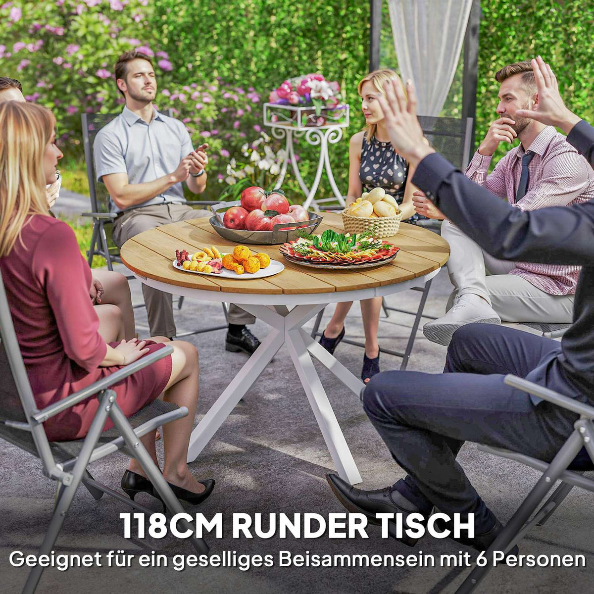 Garden table Ø118cm, weatherproof balcony table made of aluminum, side table with cross legs slatted design outdoor dining table, camping table, round patio table for garden balcony teak |