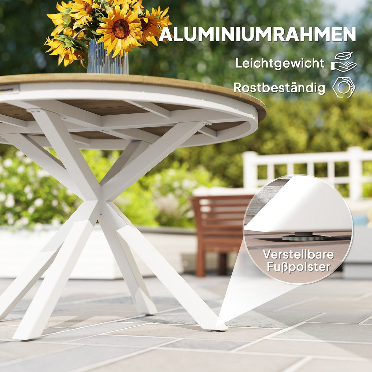 Garden table Ø118cm, weatherproof balcony table made of aluminum, side table with cross legs slatted design outdoor dining table, camping table, round patio table for garden balcony teak |