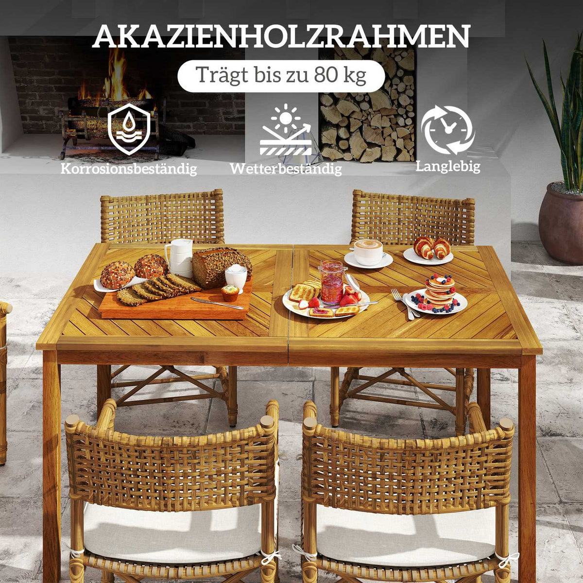 Garden table 150x85cm, weatherproof balcony table made of wood, 6 people with umbrella hole, slat design natural wood