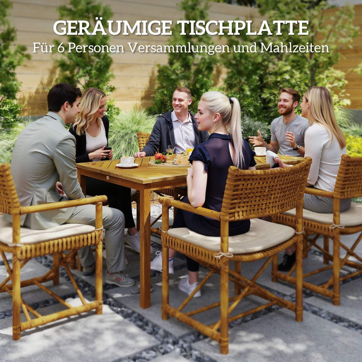 Garden table 150x85cm, weatherproof balcony table made of wood, 6 people with umbrella hole, slat design natural wood