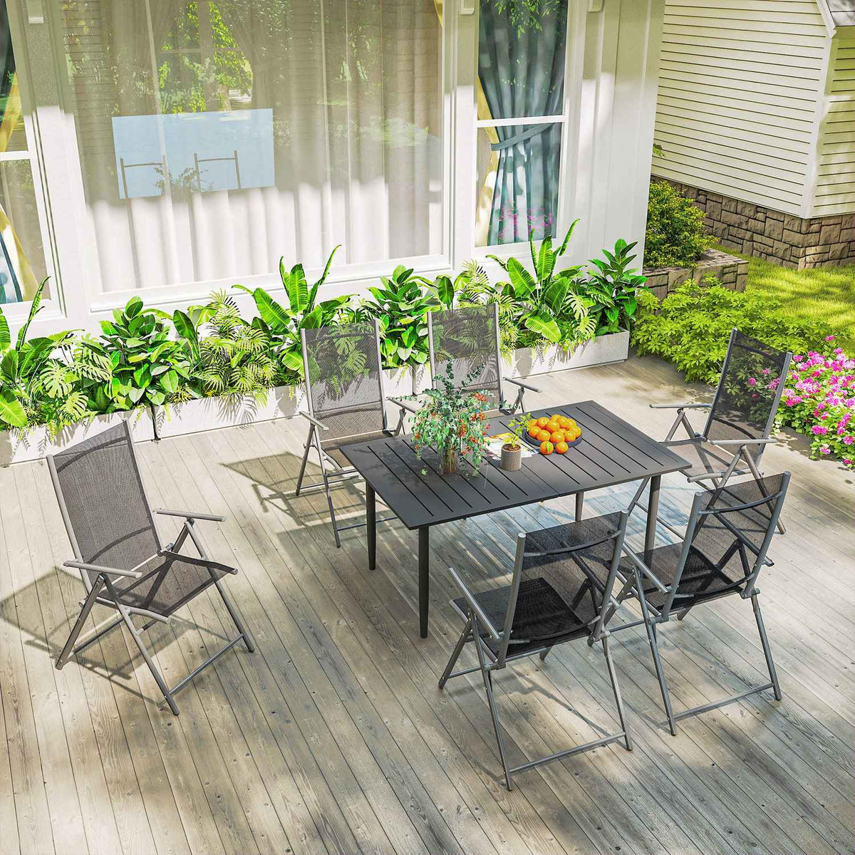 Garden table 150x90cm, weatherproof balcony table made of steel, balcony table with umbrella hole, slat design, outdoor camping table, side table, rectangular patio table for garden, balcony, black