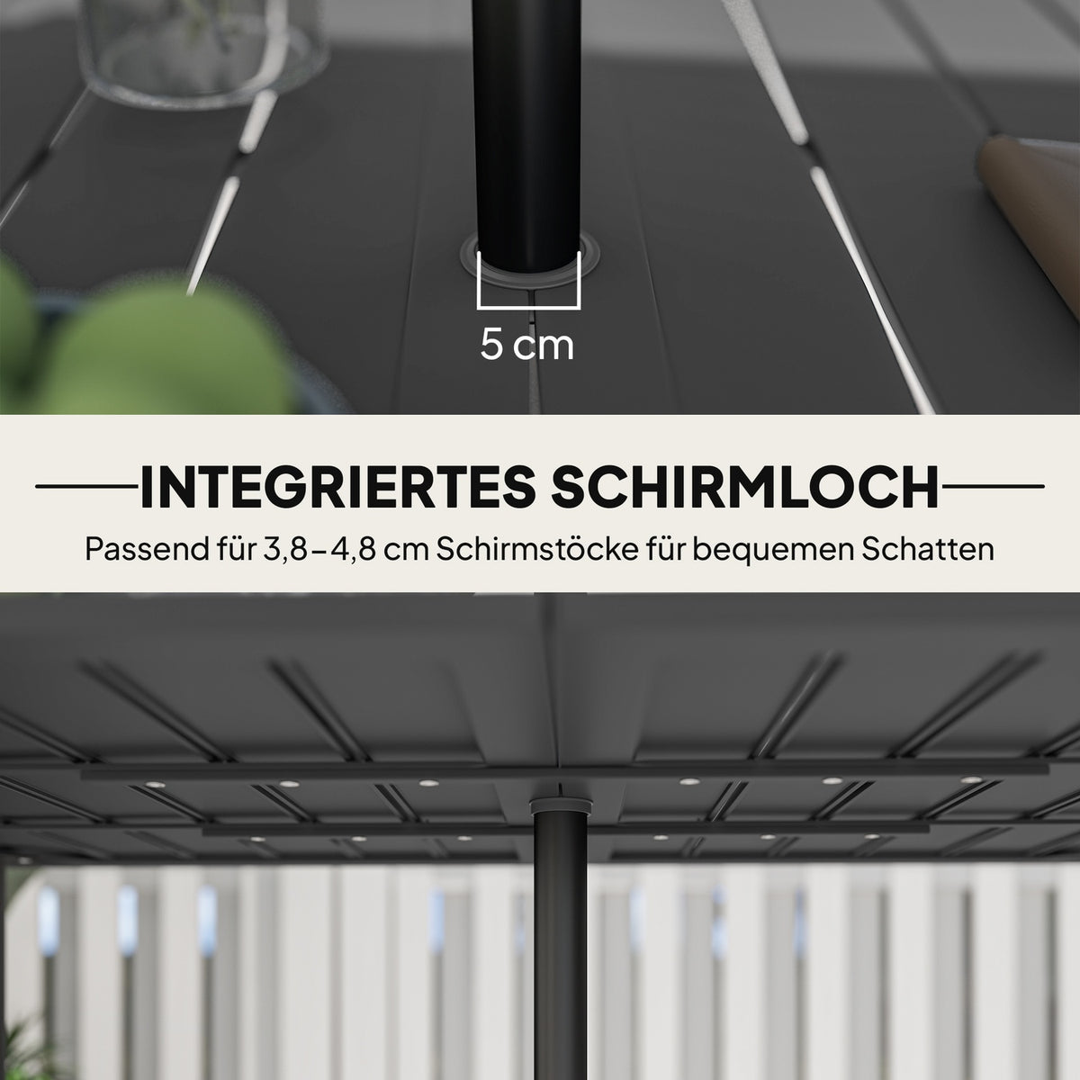 Garden table 150x90cm, weatherproof balcony table made of steel, balcony table with umbrella hole, slat design, outdoor camping table, side table, rectangular patio table for garden, balcony, black