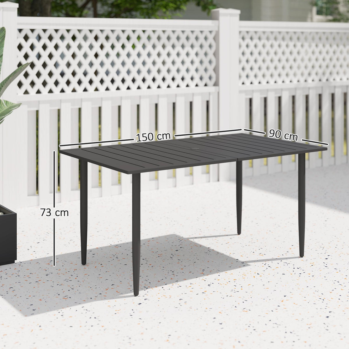 Garden table 150x90cm, weatherproof balcony table made of steel, balcony table with umbrella hole, slat design, outdoor camping table, side table, rectangular patio table for garden, balcony, black