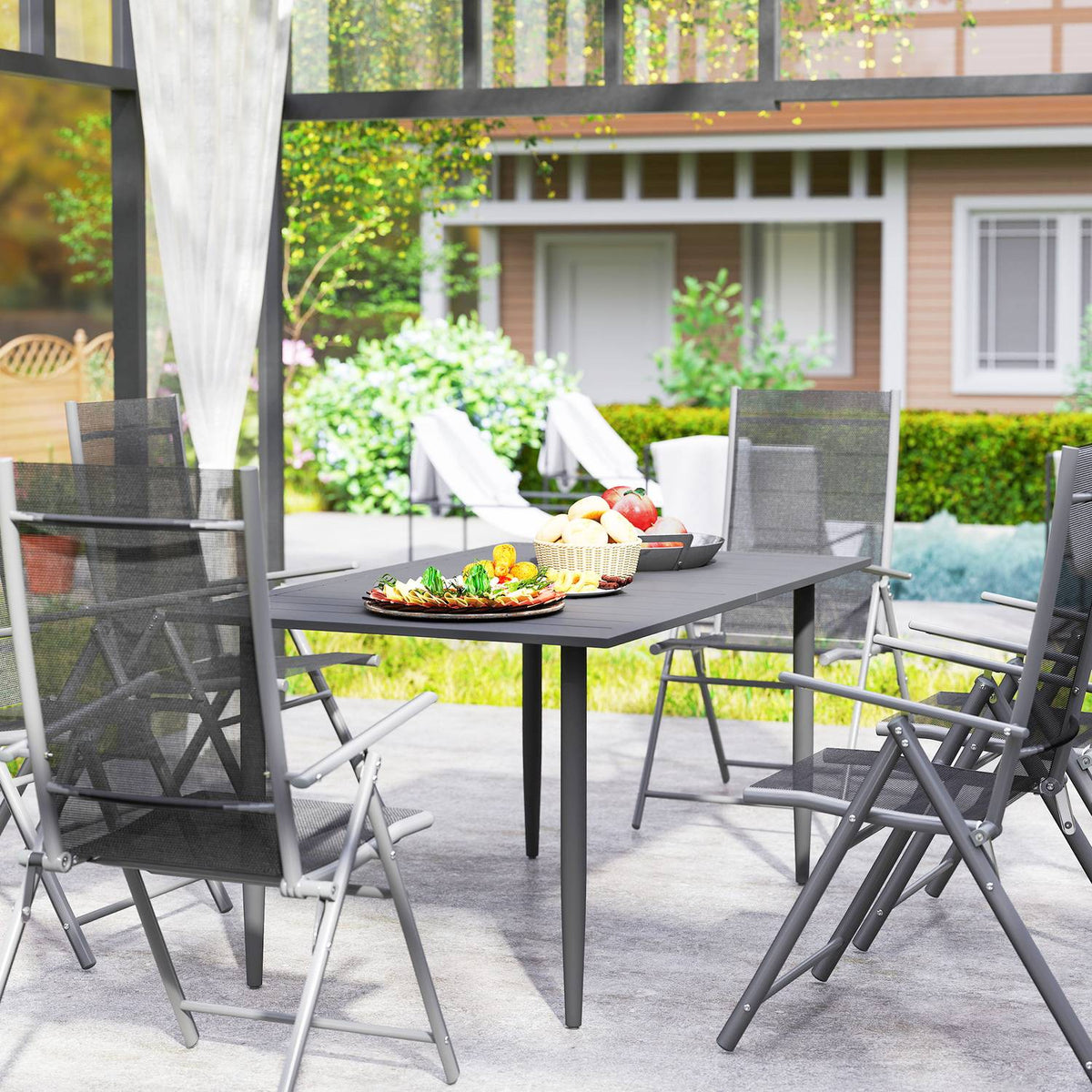 Garden table 150x90cm, weatherproof balcony table made of steel, balcony table with umbrella hole, slat design, outdoor camping table, side table, rectangular patio table for garden, balcony, black