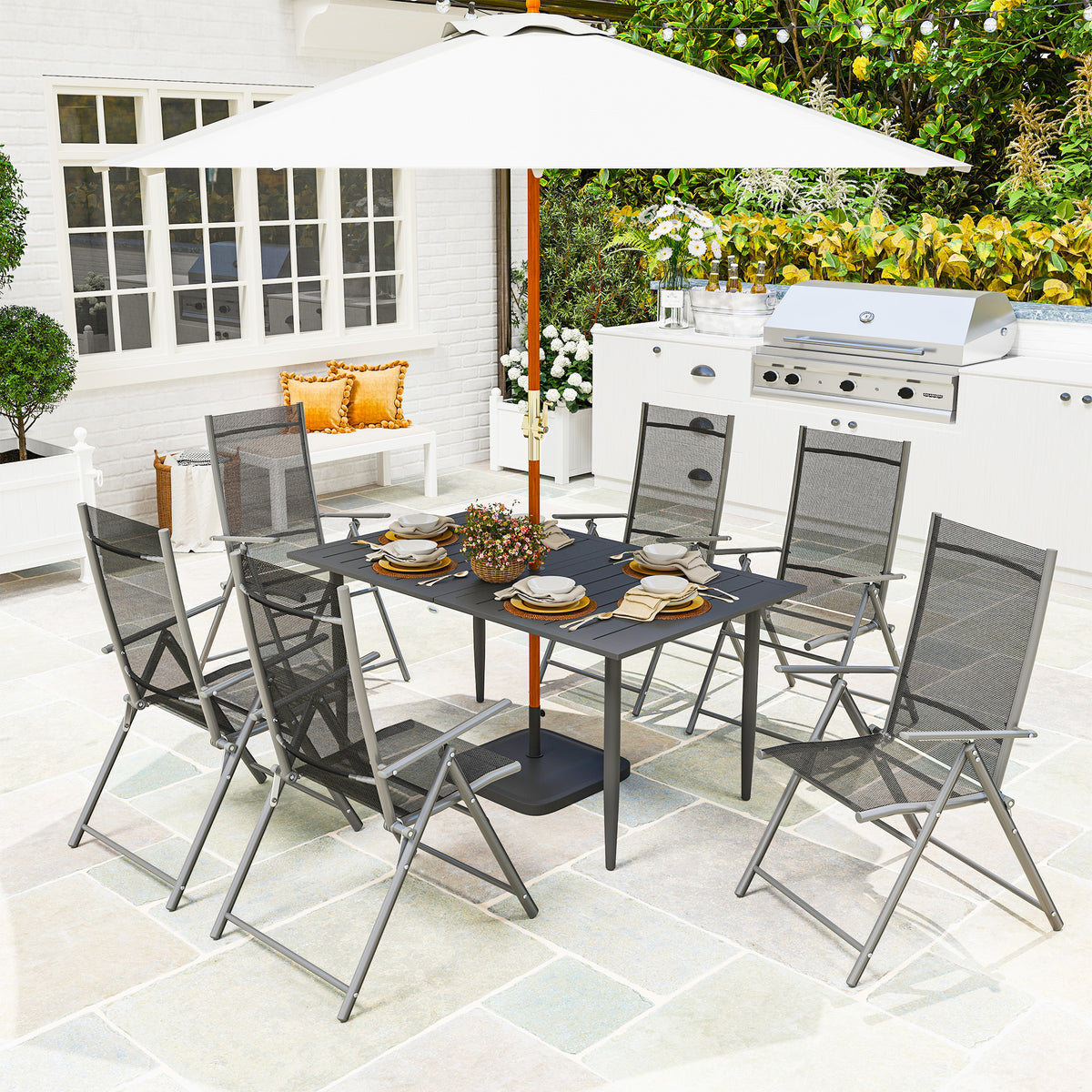 Garden table 150x90cm, weatherproof balcony table made of steel, balcony table with umbrella hole, slat design, outdoor camping table, side table, rectangular patio table for garden, balcony, black
