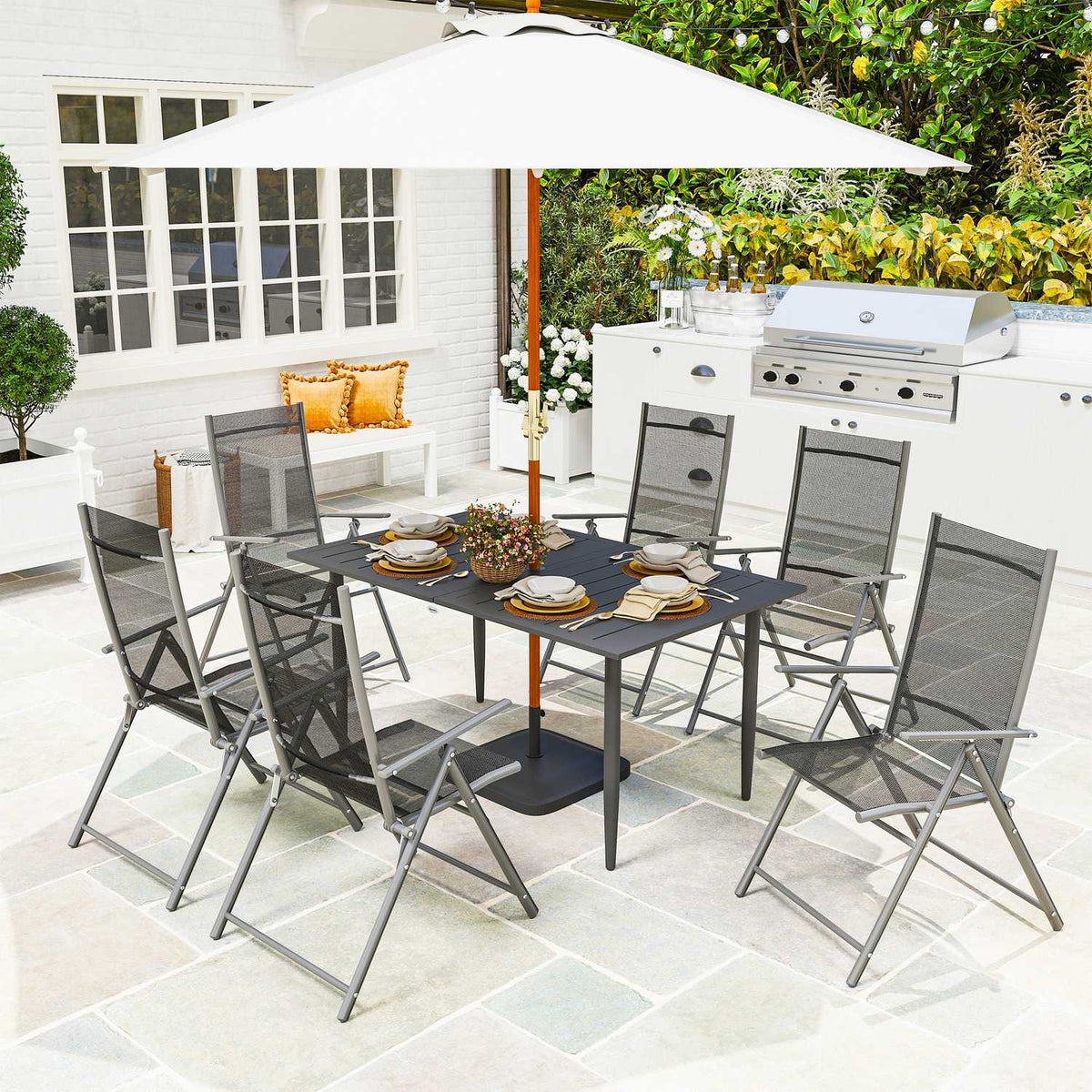 Garden table 150x90cm, weatherproof balcony table made of steel, balcony table with umbrella hole, slat design, outdoor camping table, side table, rectangular patio table for garden, balcony, black
