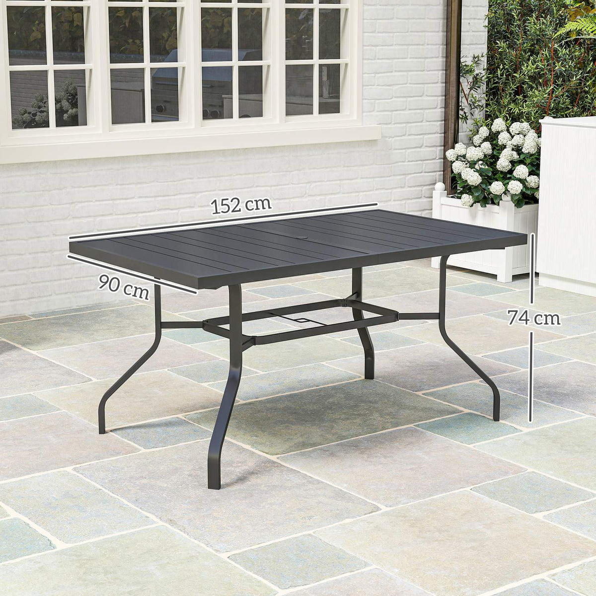 Garden table 152x90 cm, weatherproof balcony table made of steel, side table with umbrella hole, slatted design outdoor dining table, camping table, rectangular patio table for garden balcony black |