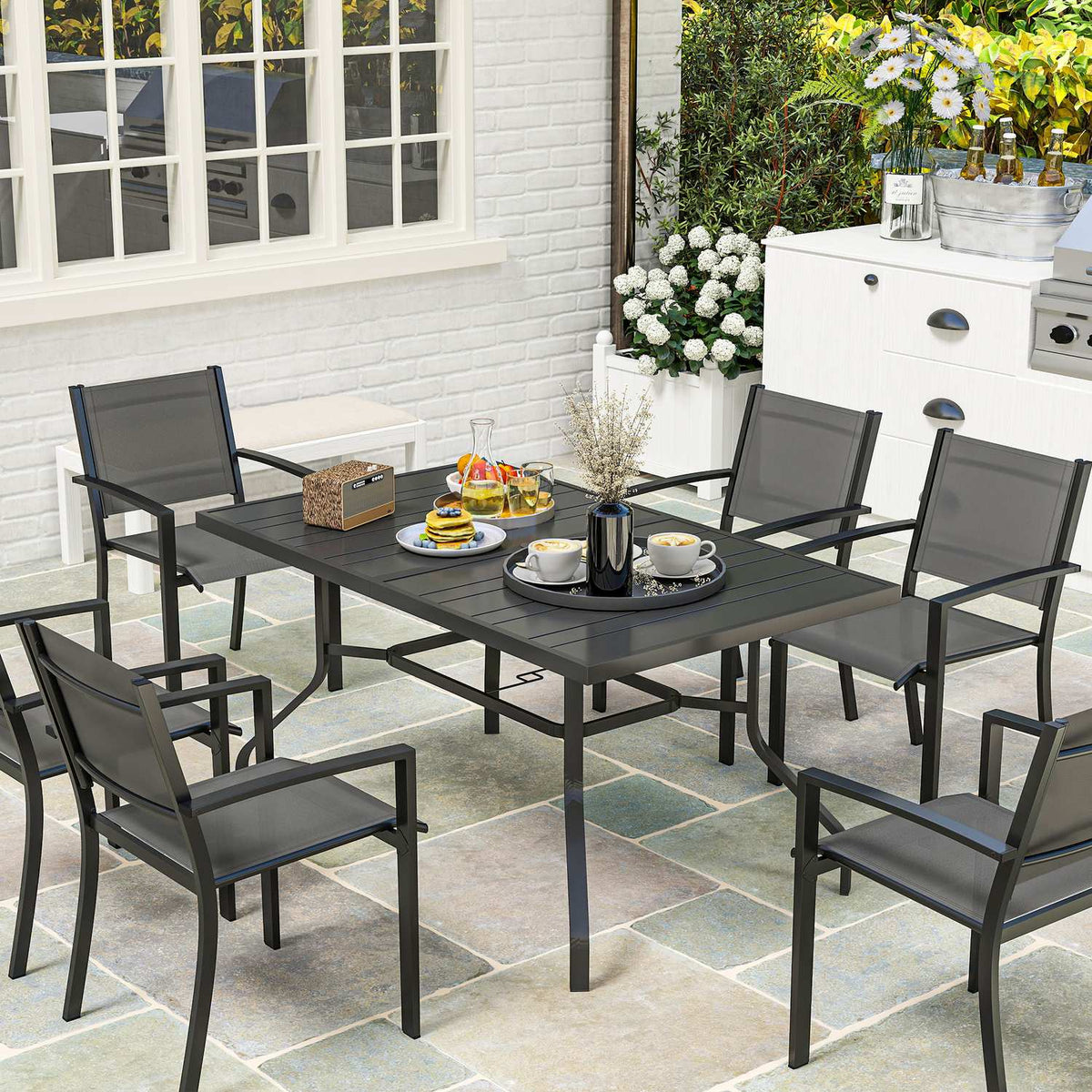 Garden table 152x90 cm, weatherproof balcony table made of steel, side table with umbrella hole, slatted design outdoor dining table, camping table, rectangular patio table for garden balcony black |