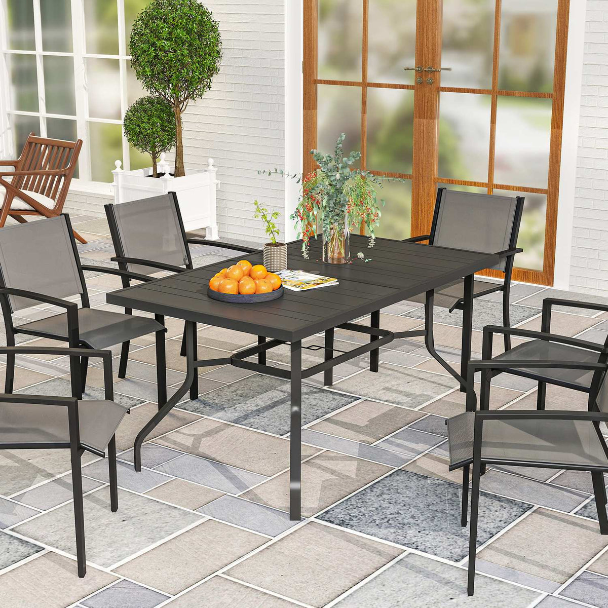 Garden table 152x90 cm, weatherproof balcony table made of steel, side table with umbrella hole, slatted design outdoor dining table, camping table, rectangular patio table for garden balcony black |