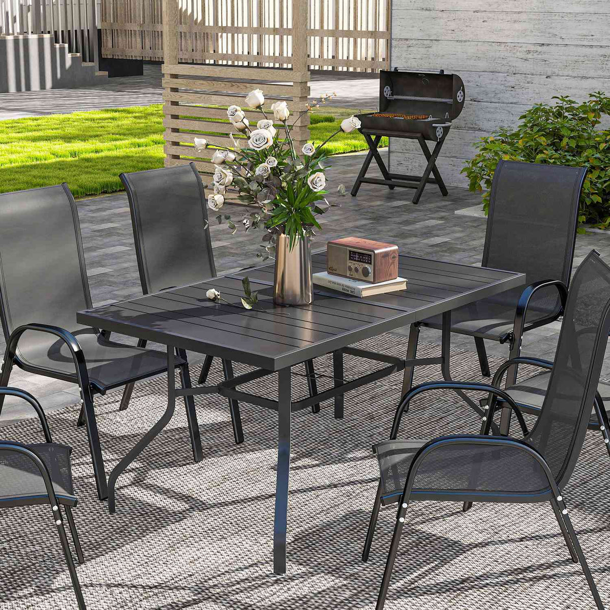 Garden table 152x90 cm, weatherproof balcony table made of steel, side table with umbrella hole, slatted design outdoor dining table, camping table, rectangular patio table for garden balcony black |