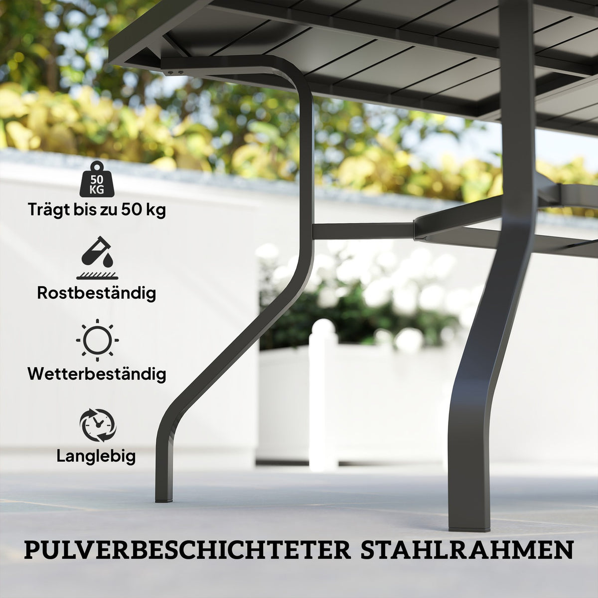 Garden table 152x90 cm, weatherproof balcony table made of steel, side table with umbrella hole, slatted design outdoor dining table, camping table, rectangular patio table for garden balcony black |