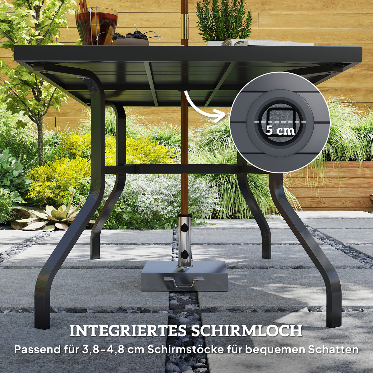 Garden table 152x90 cm, weatherproof balcony table made of steel, side table with umbrella hole, slatted design outdoor dining table, camping table, rectangular patio table for garden balcony black |