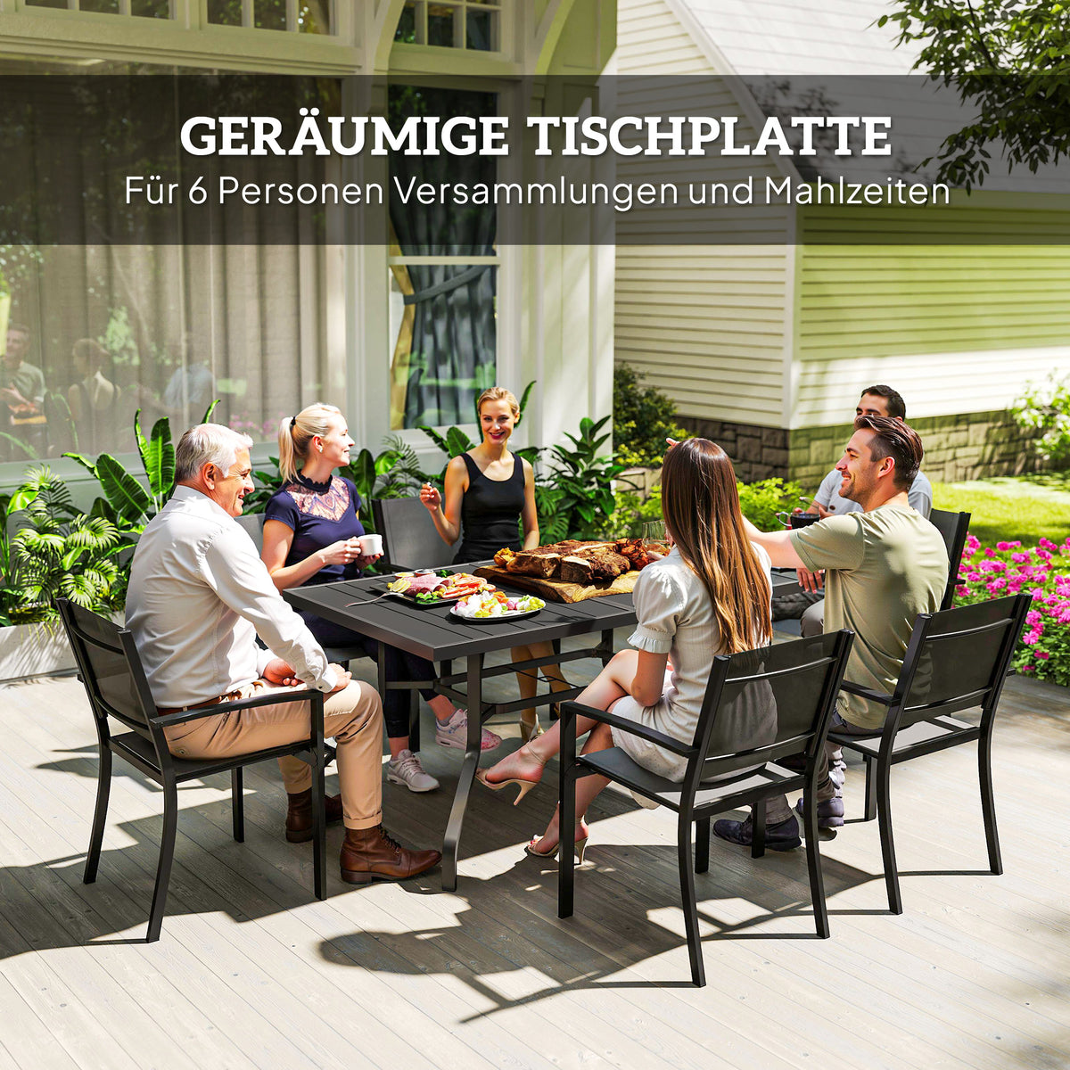 Garden table 152x90 cm, weatherproof balcony table made of steel, side table with umbrella hole, slatted design outdoor dining table, camping table, rectangular patio table for garden balcony black |
