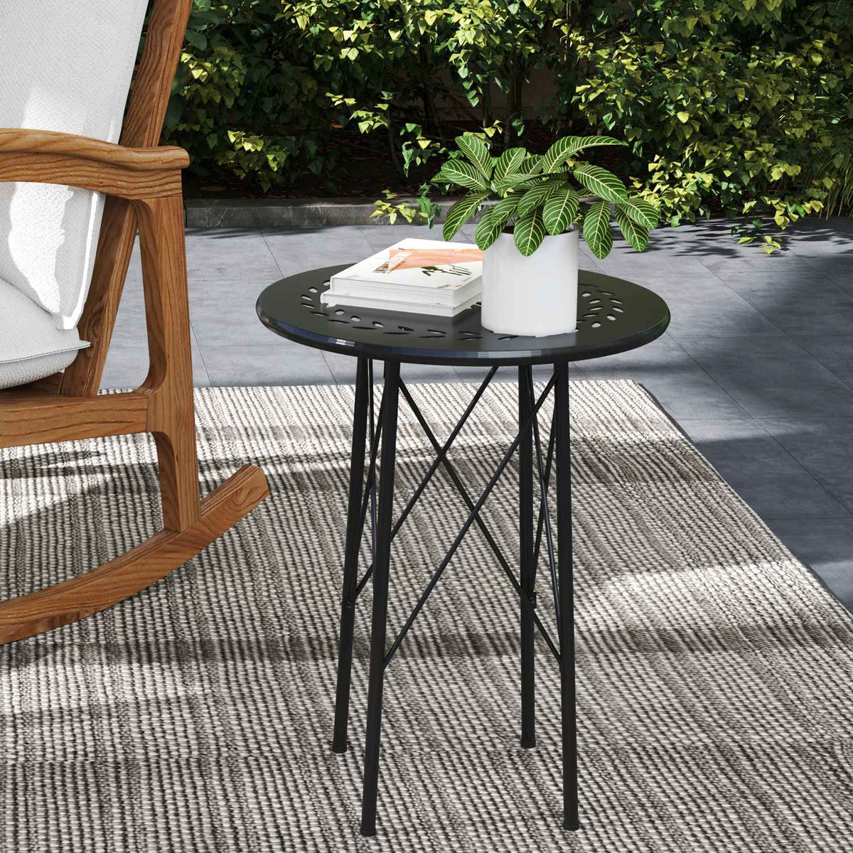 Garden table Ø40 x 50cm, weatherproof balcony table made of steel, side table with floral design protective feet, round outdoor dining table, camping table, patio table for garden, terrace, balcony, black
