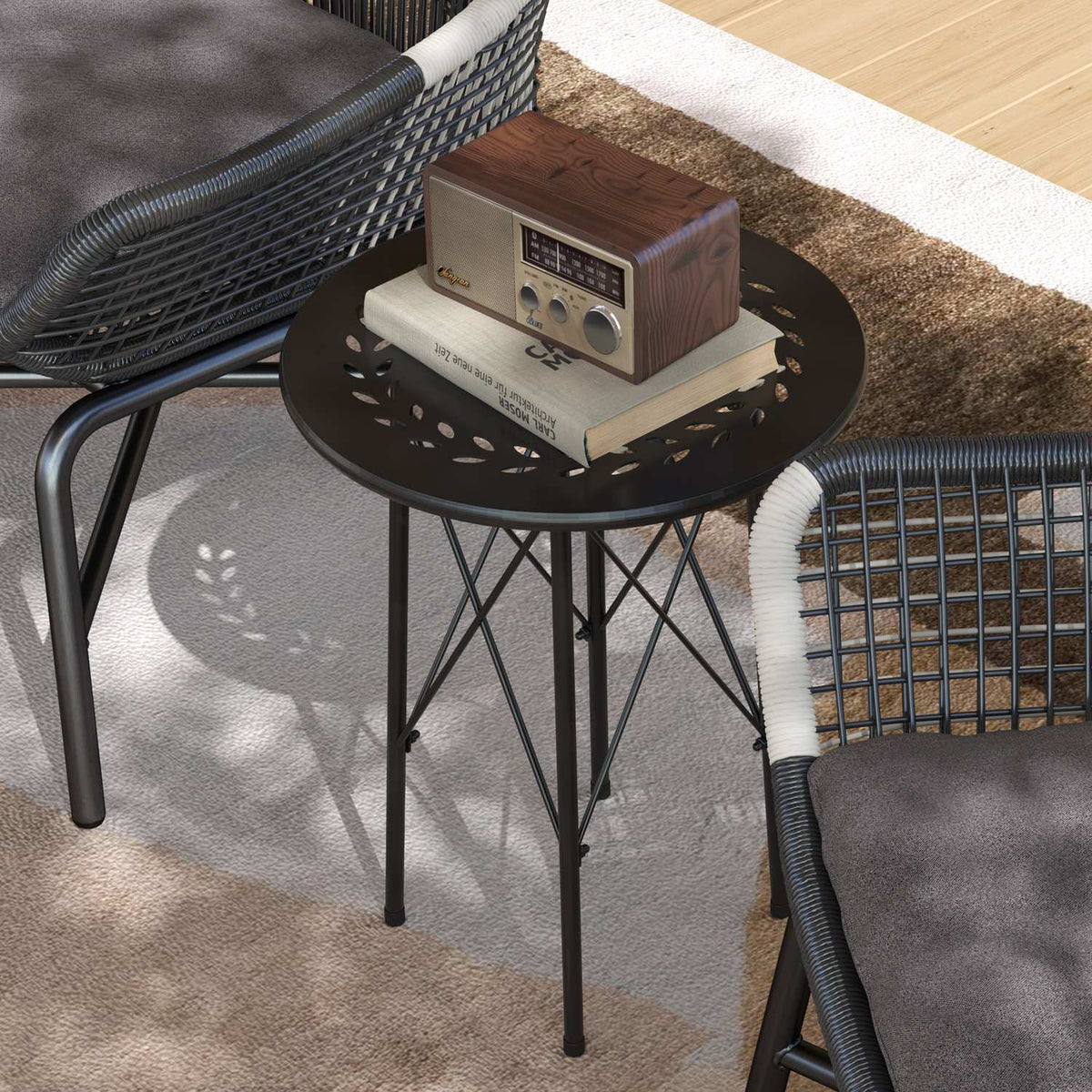 Garden table Ø40 x 50cm, weatherproof balcony table made of steel, side table with floral design protective feet, round outdoor dining table, camping table, patio table for garden, terrace, balcony, black