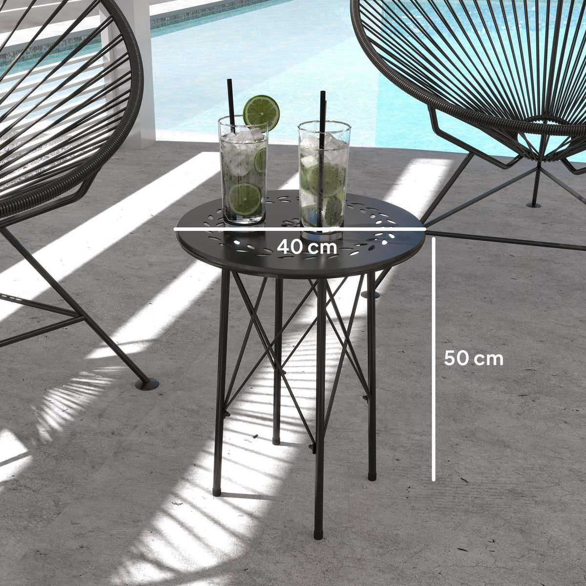 Garden table Ø40 x 50cm, weatherproof balcony table made of steel, side table with floral design protective feet, round outdoor dining table, camping table, patio table for garden, terrace, balcony, black