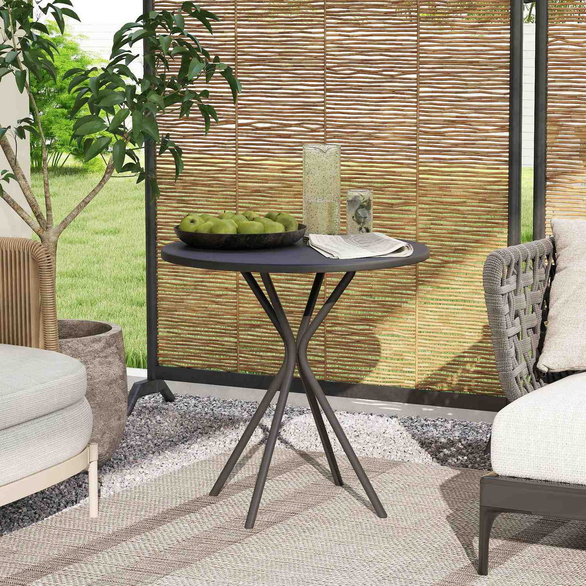 Garden table Ø60 x 70 cm, weatherproof balcony table made of steel, round dining table with foot padding, outdoor camping table, side table, patio table for garden, terrace, balcony, black