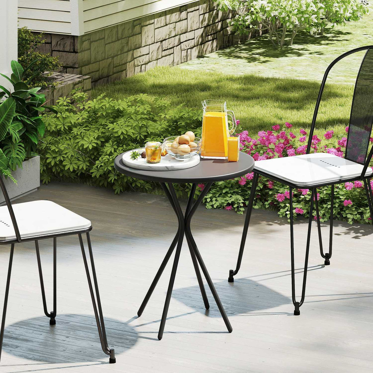 Garden table Ø60 x 70 cm, weatherproof balcony table made of steel, round dining table with foot padding, outdoor camping table, side table, patio table for garden, terrace, balcony, black
