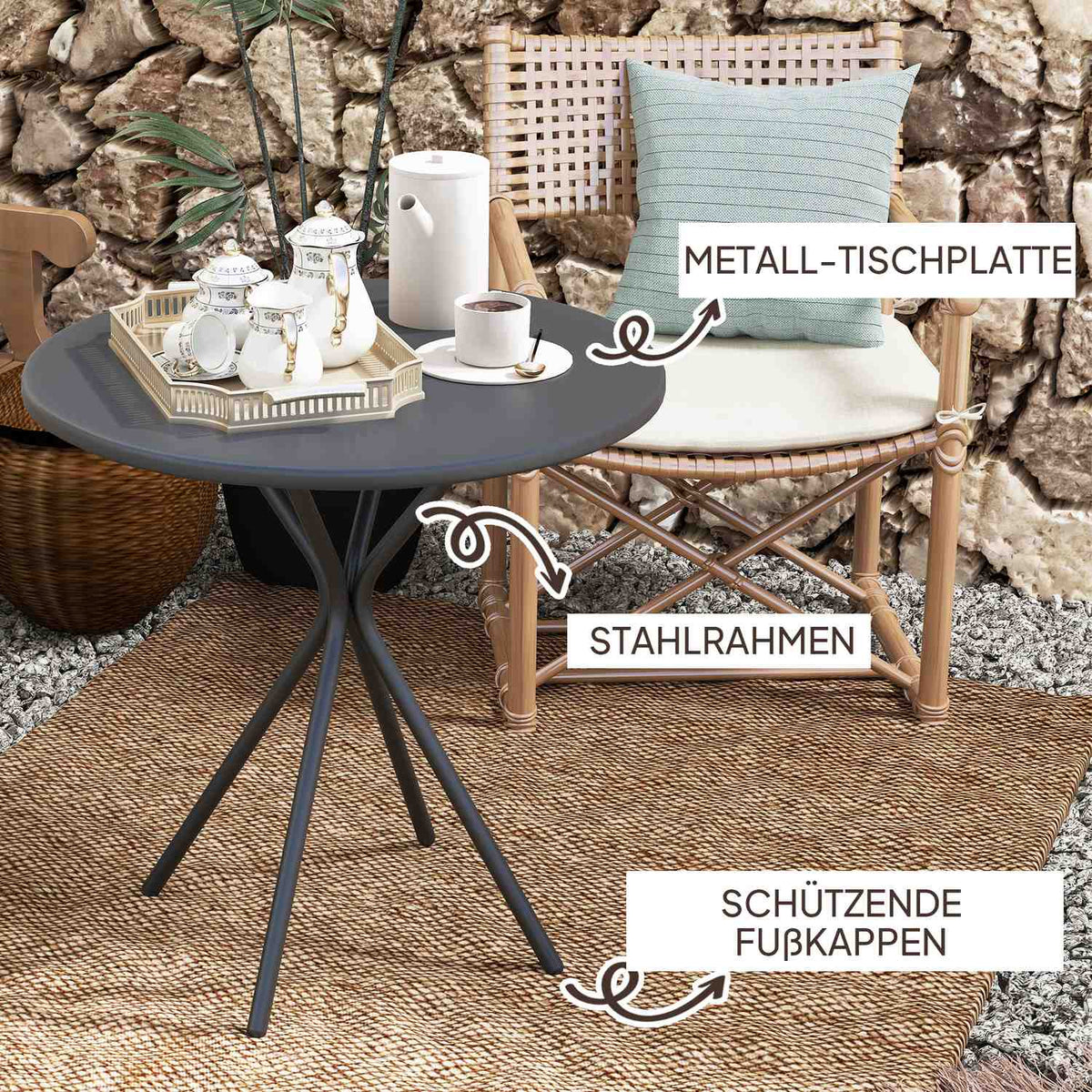 Garden table Ø60 x 70 cm, weatherproof balcony table made of steel, round dining table with foot padding, outdoor camping table, side table, patio table for garden, terrace, balcony, black
