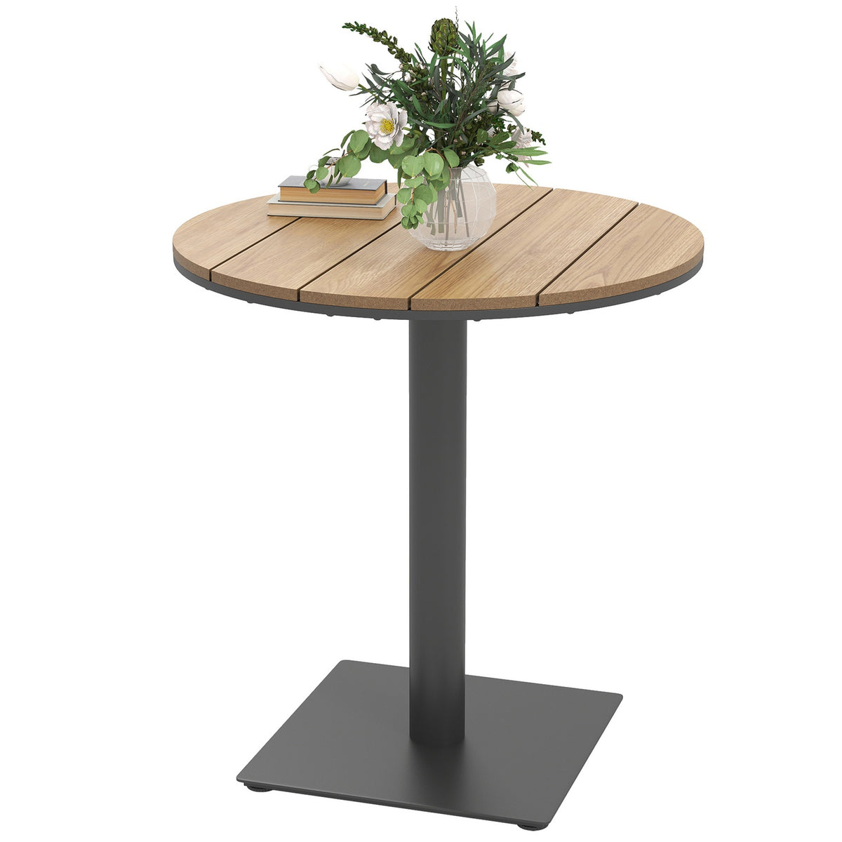 Garden table Ø70 cm, weatherproof round balcony table with slat design, steel outdoor dining table, camping table, side table, patio table for garden, terrace, balcony, natural wood