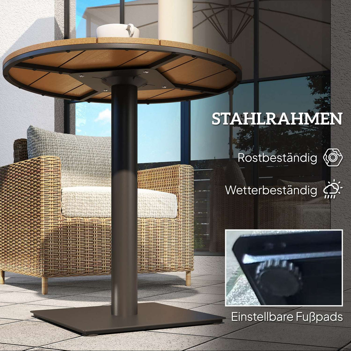 Garden table Ø70 cm, weatherproof round balcony table with slat design, steel outdoor dining table, camping table, side table, patio table for garden, terrace, balcony, natural wood