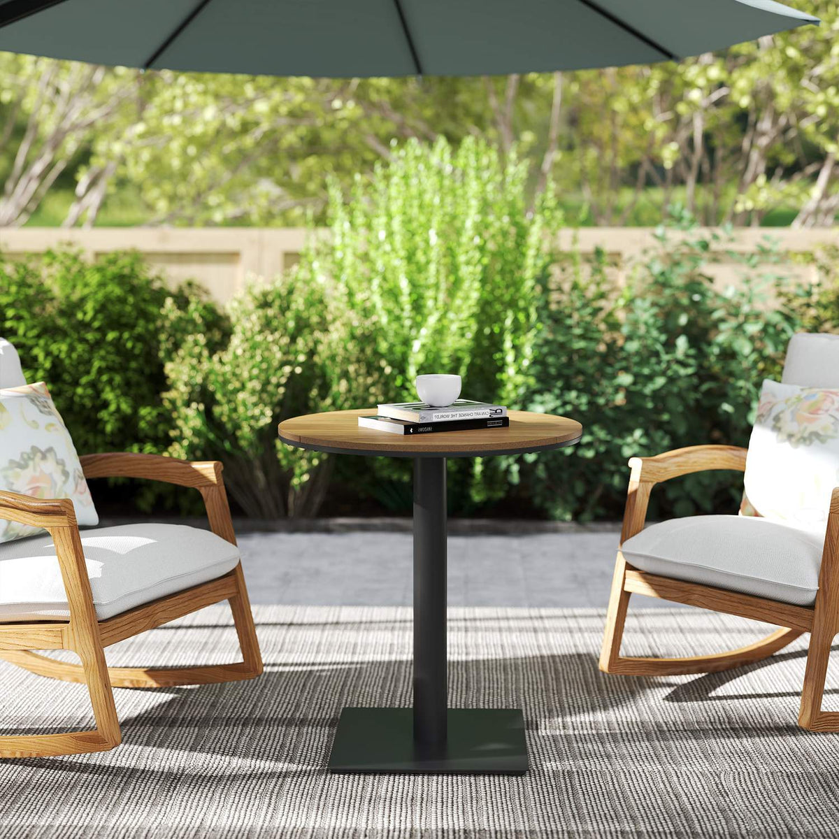 Garden table Ø70 cm, weatherproof round balcony table with slat design, steel outdoor dining table, camping table, side table, patio table for garden, terrace, balcony, natural wood