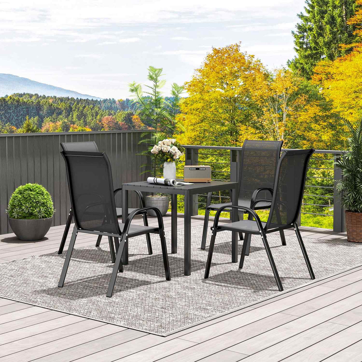 Garden table aluminum 73x73 cm weatherproof buffet table with wood look, camping table for 4 people, non-slip balcony table, outdoor dining table for garden, terrace, balcony, black