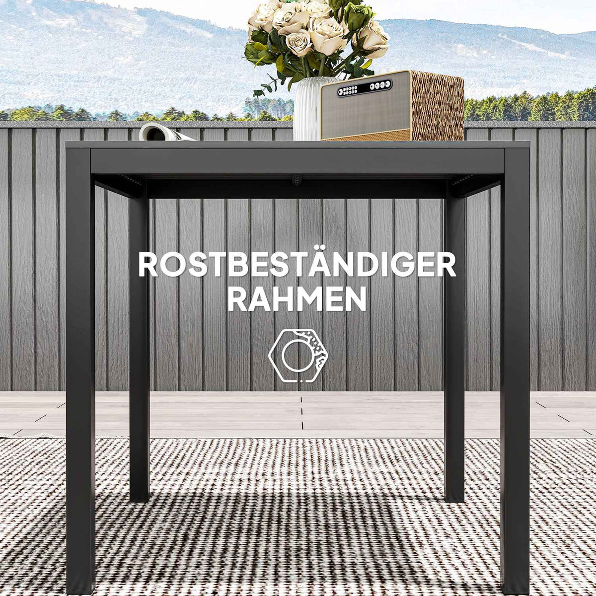 Garden table aluminum 73x73 cm weatherproof buffet table with wood look, camping table for 4 people, non-slip balcony table, outdoor dining table for garden, terrace, balcony, black