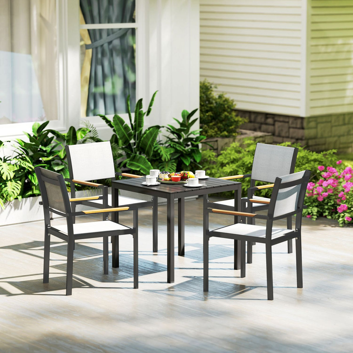 Garden table aluminum 73x73 cm weatherproof buffet table with wood look, camping table for 4 people, non-slip balcony table, outdoor dining table for garden, terrace, balcony, black