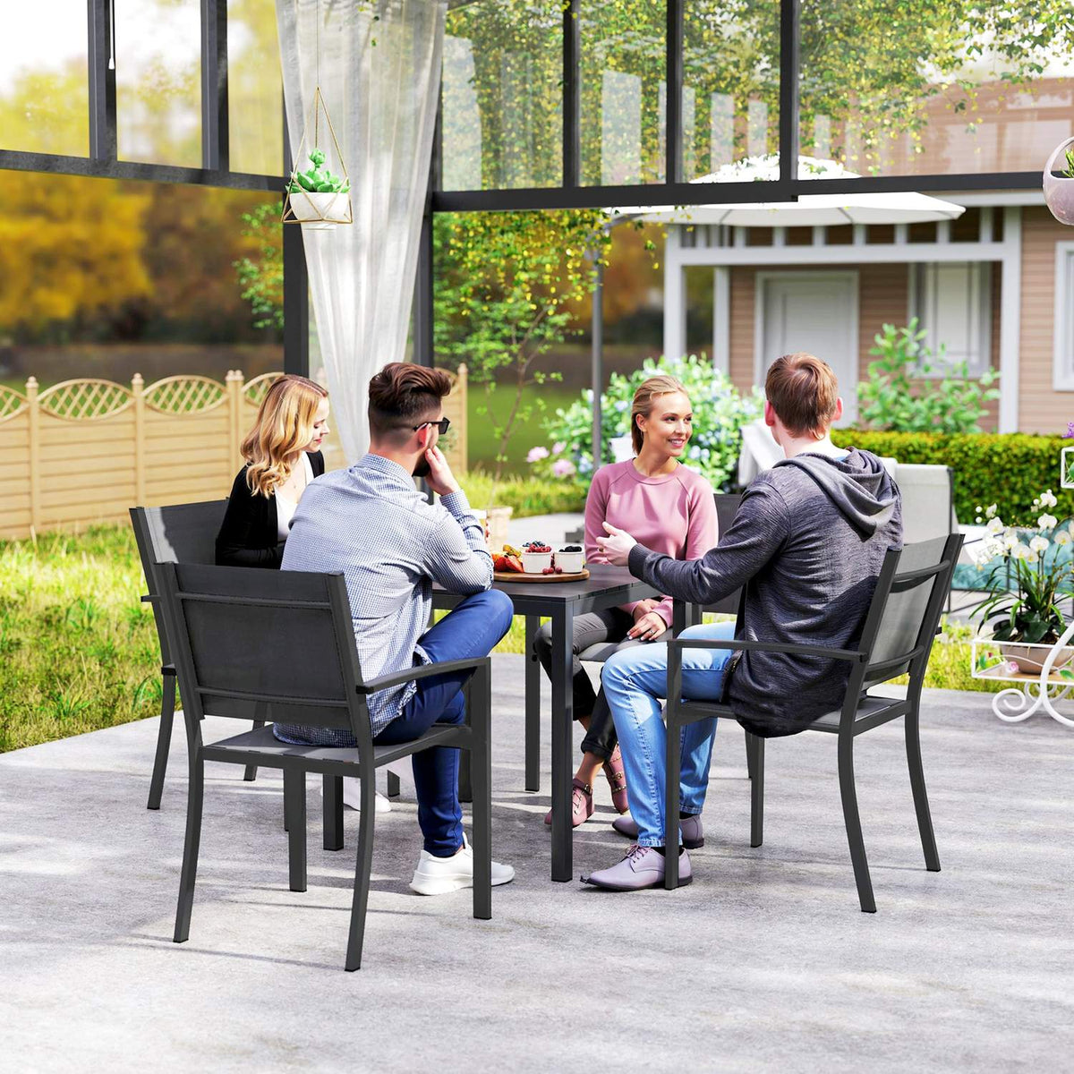 Garden table aluminum 73x73 cm weatherproof buffet table with wood look, camping table for 4 people, non-slip balcony table, outdoor dining table for garden, terrace, balcony, black
