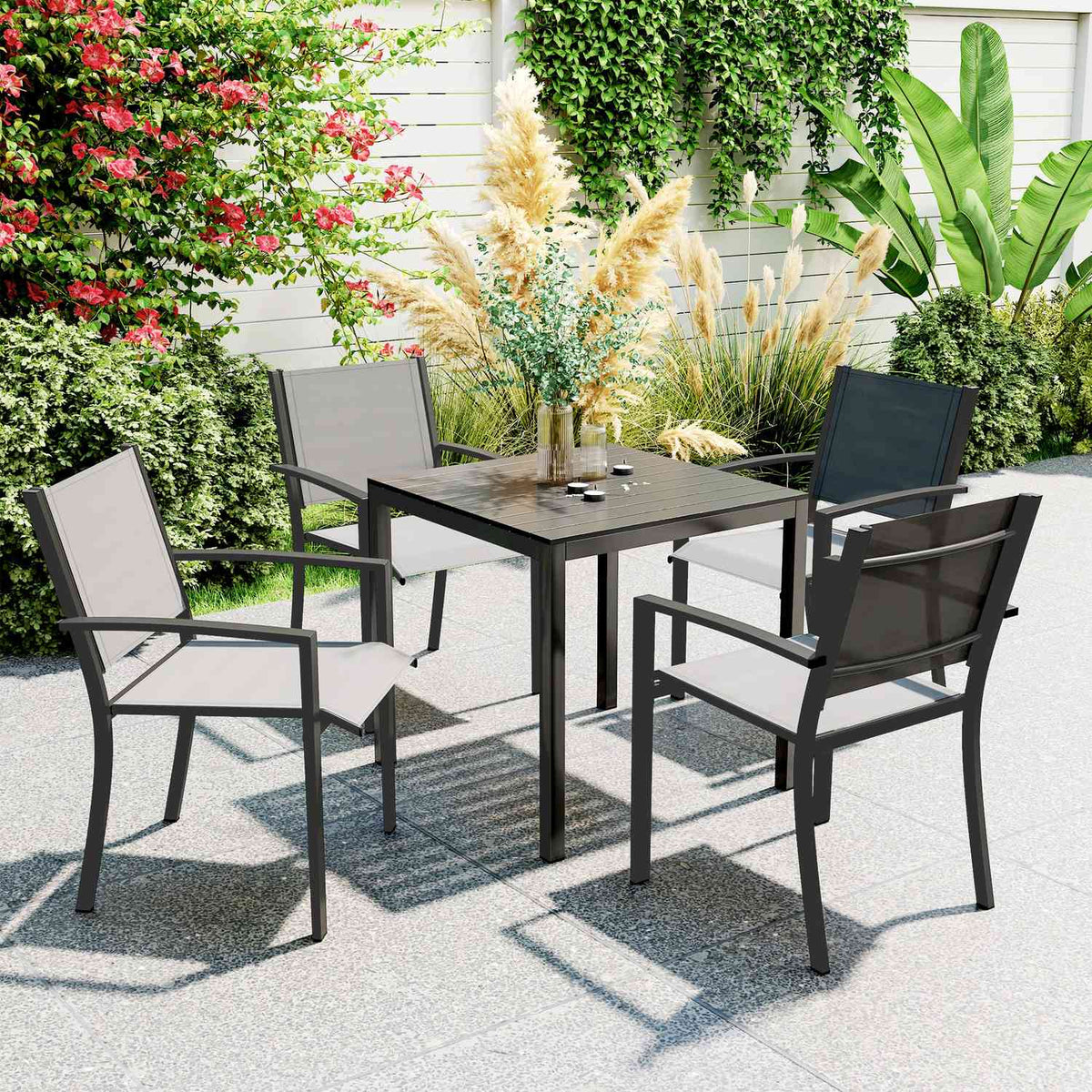 Garden table aluminum 73x73 cm weatherproof buffet table with wood look, camping table for 4 people, non-slip balcony table, outdoor dining table for garden, terrace, balcony, black