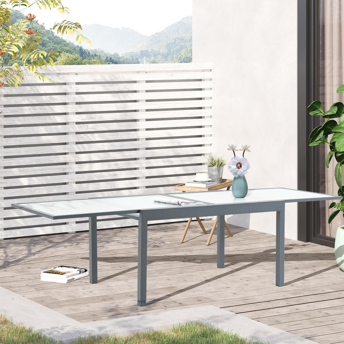 Garden table dining table with tempered glass top 160-210 cm extendable, aluminum, rectangular, gray-white for balcony & garden furniture