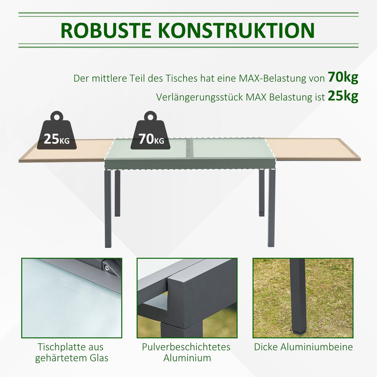 Garden table dining table with tempered glass top 160-210 cm extendable, aluminum, rectangular, gray-white for balcony & garden furniture