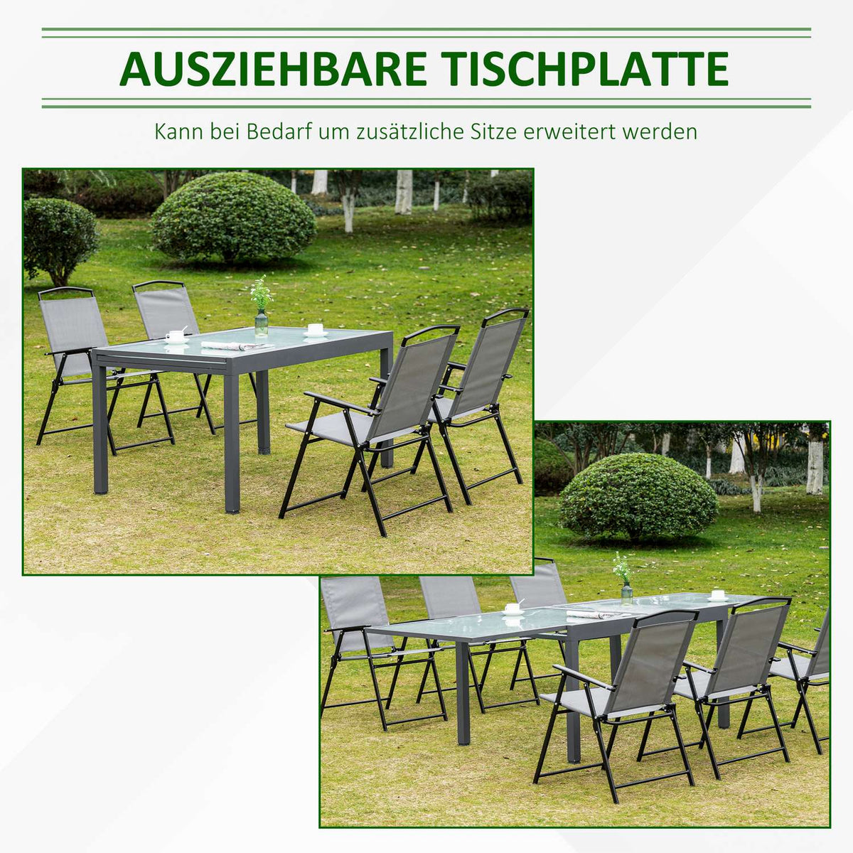 Garden table dining table with tempered glass top 160-210 cm extendable, aluminum, rectangular, gray-white for balcony & garden furniture
