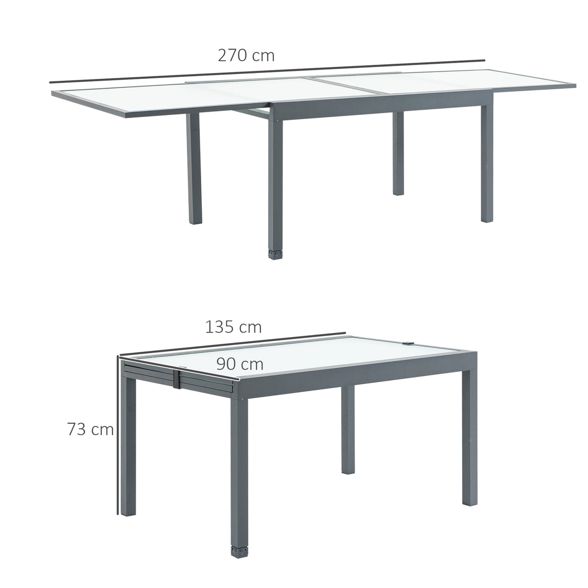 Garden table dining table with tempered glass top 160-210 cm extendable, aluminum, rectangular, gray-white for balcony & garden furniture
