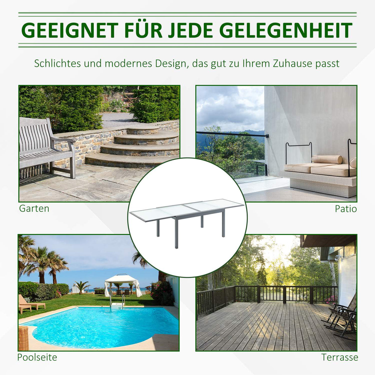 Garden table dining table with tempered glass top 160-210 cm extendable, aluminum, rectangular, gray-white for balcony & garden furniture